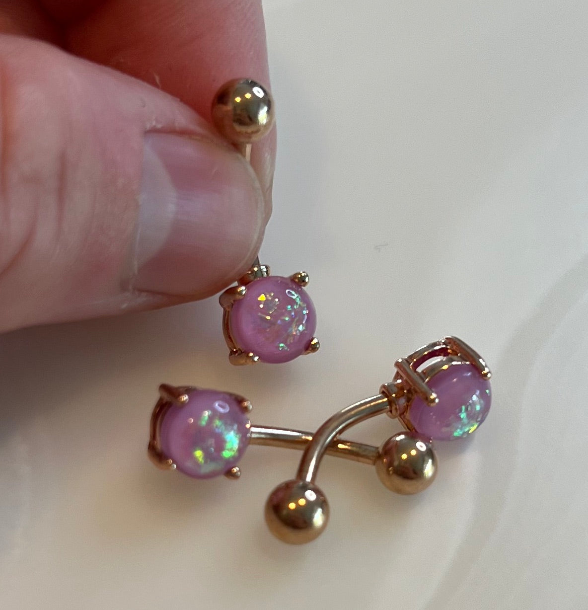 14GA Opal Glitter Prong Set Rose Gold IP Over 316L Surgical Steel Belly Button Ring