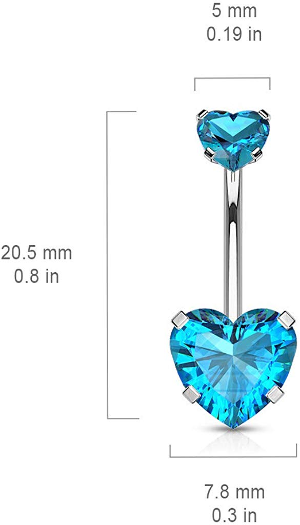 14GA Prong Set CZ Internally Threaded Top Double Heart 316L Surgical Steel Belly Button Navel Ring
