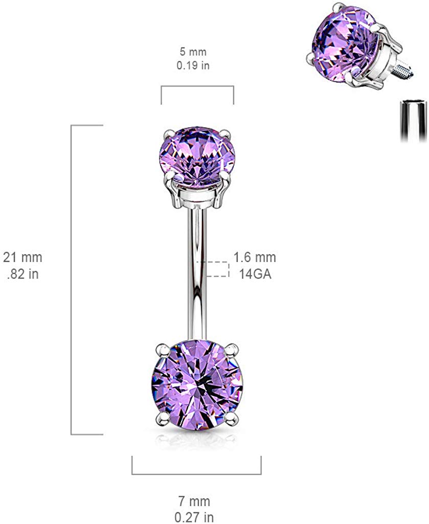 14GA Internally Threaded Top Double Prong Set CZ 316L Surgical Steel Naval Belly Button Ring