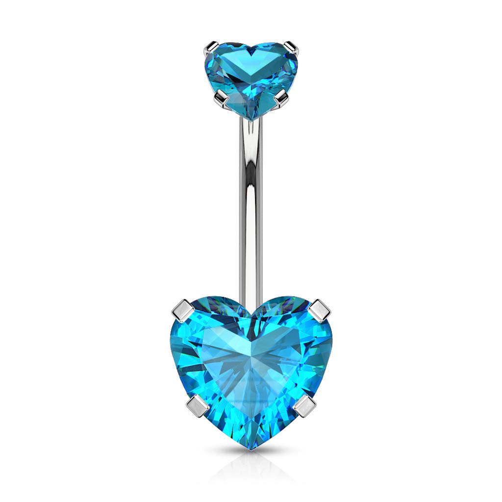 14GA Prong Set CZ Internally Threaded Top Double Heart 316L Surgical Steel Belly Button Navel Ring