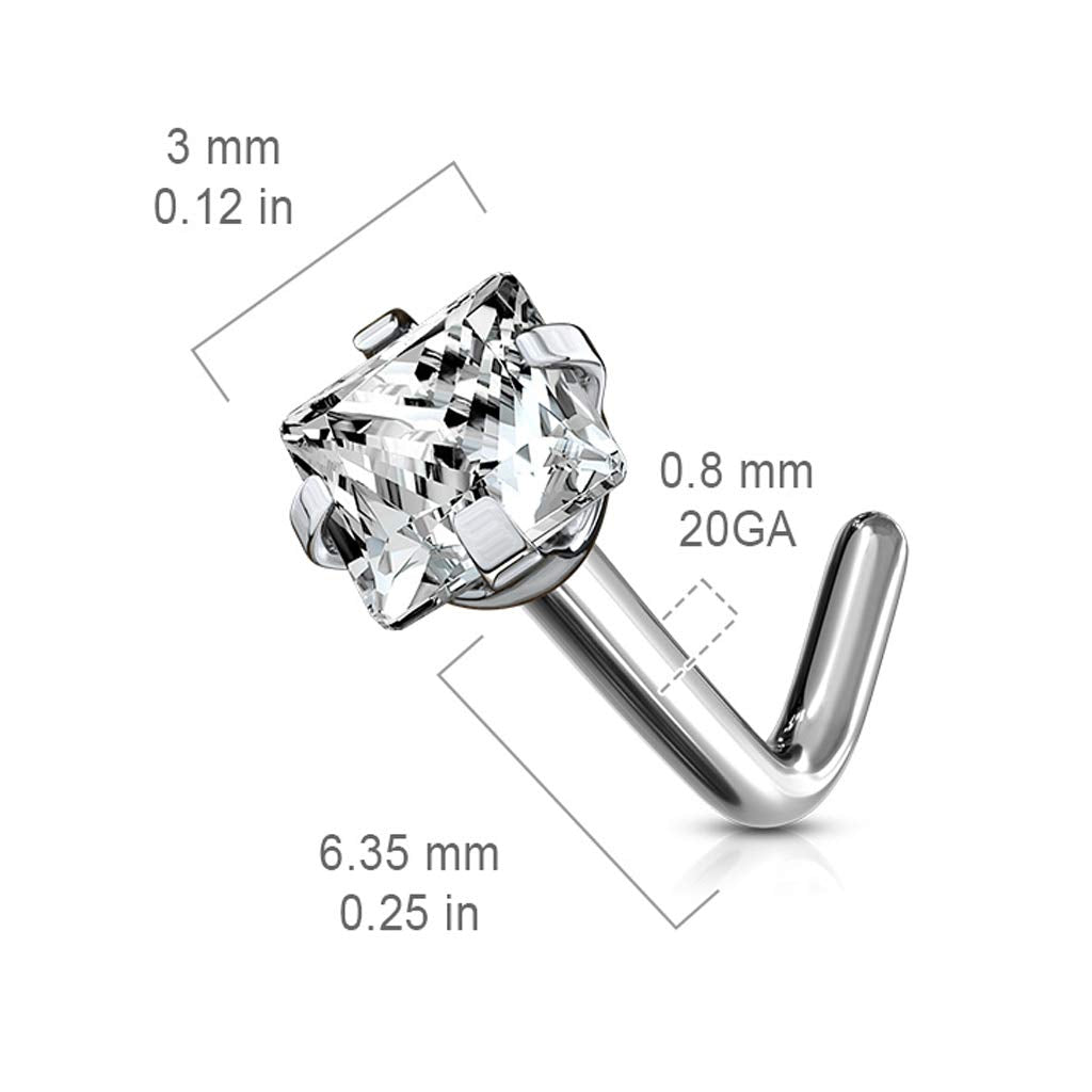 20GA & 18GA Prong Set Square Diamond CZ Solid Grade 23 Titanium L Bend Stud Nose Ring