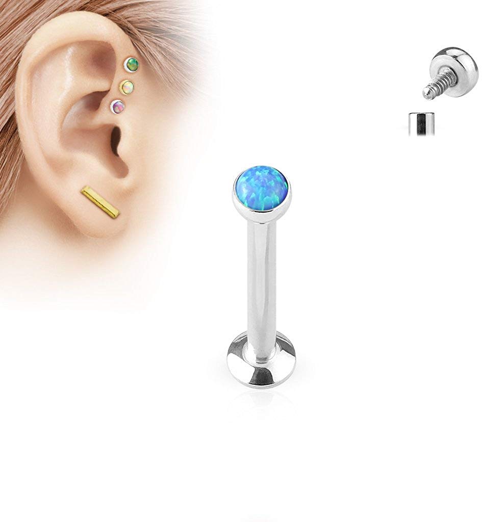 16G Opal Set Flat Disc Top Internally Threaded 316L Surgical Steel Labret Lip Chin or Ear Cartilage Stud