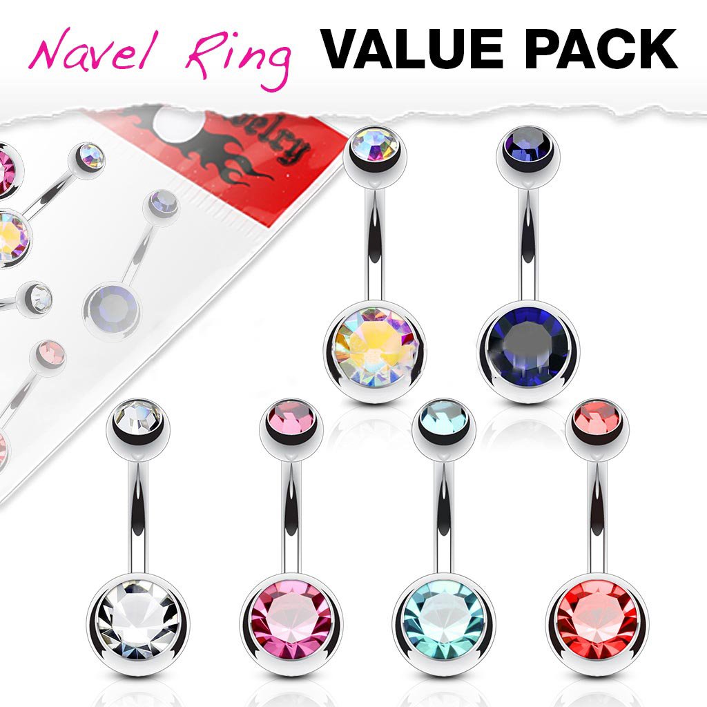 14GA 6pc Double Jeweled 316L Surgical Steel Naval Belly Button Ring Value Set