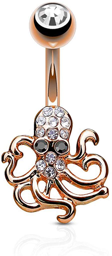 14GA Crystal Paved Octopus 316L Surgical Steel Naval Belly Button Ring