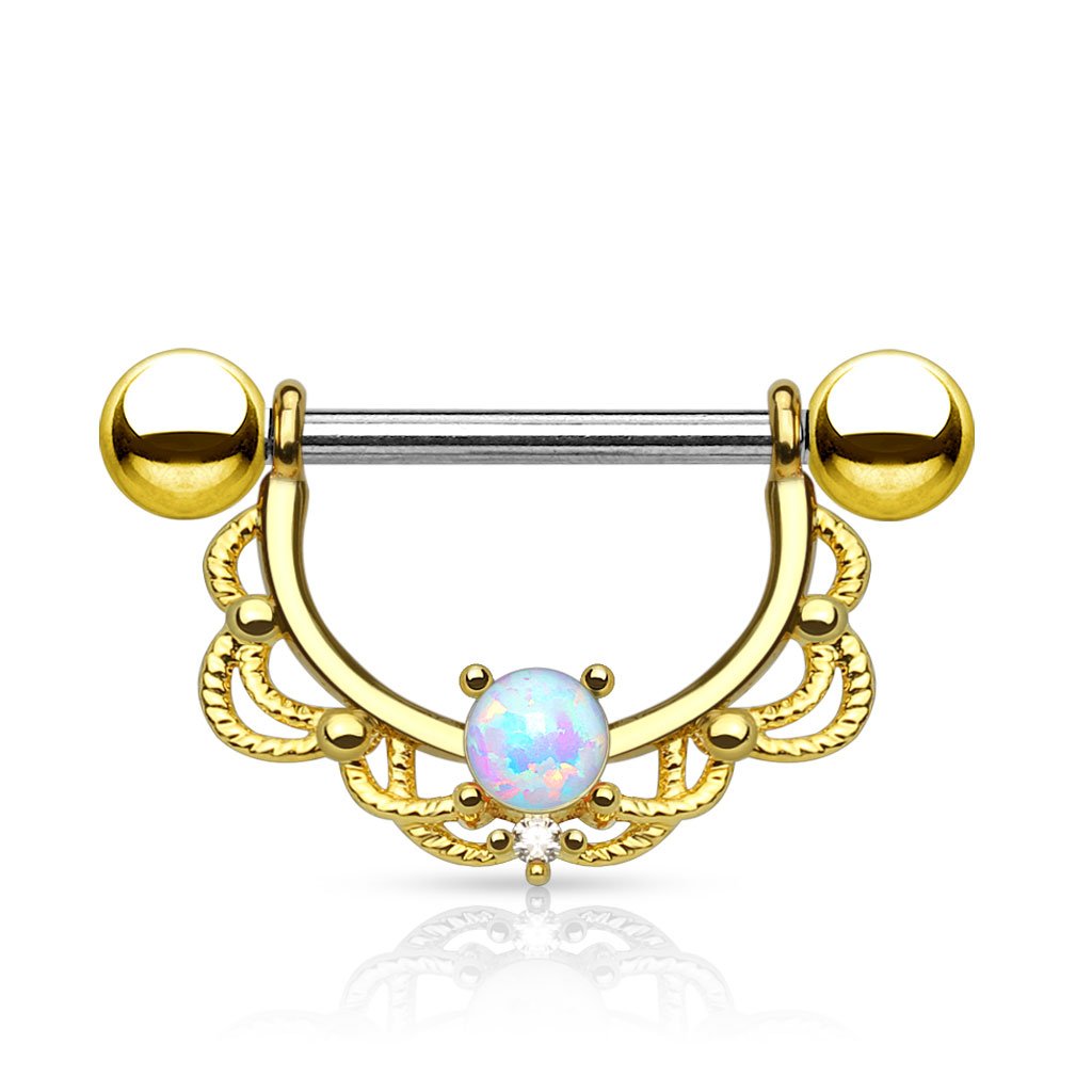 Opal Centered Filigree Drop 316L Surgical Steel Nipple Barbell Ring (14G | Gold)