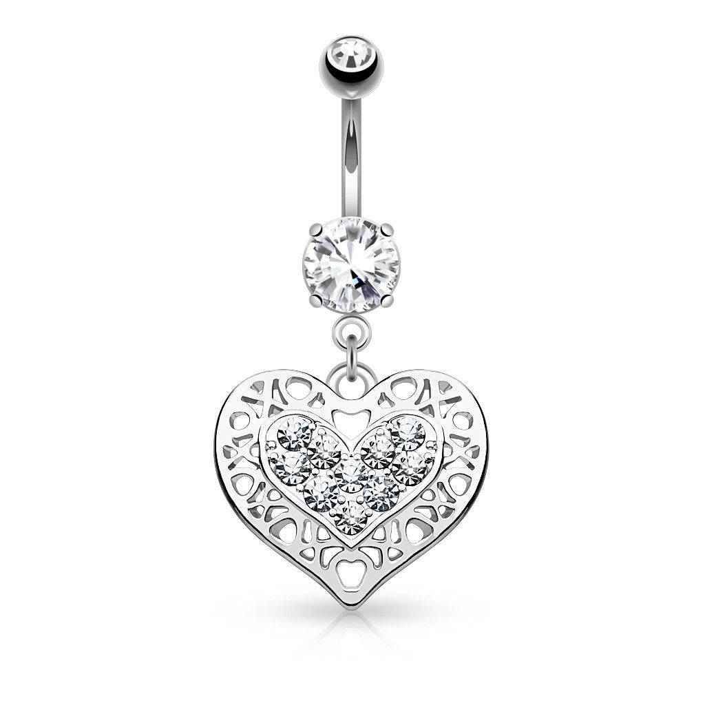 14G Tribal Heart Filigree Edged Crystal Paved Heart Dangle 316L Surgical Steel Belly Button Navel Rings