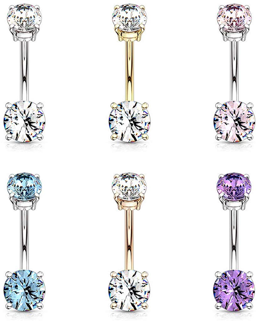 14GA Internally Threaded Top Double Prong Set CZ 316L Surgical Steel Naval Belly Button Ring