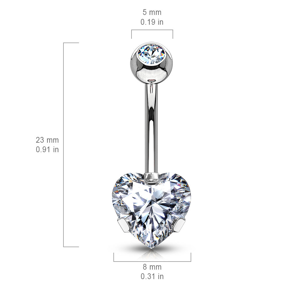 14GA Prong Set 8mm Heart CZ 316L Surgical Steel Naval Belly Button Ring