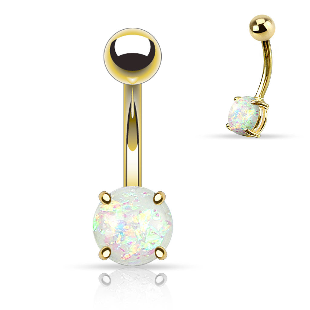 14GA Synthetic Opal Glitter Prong Set Gold IP Over 316L Surgical Steel Belly Button Ring