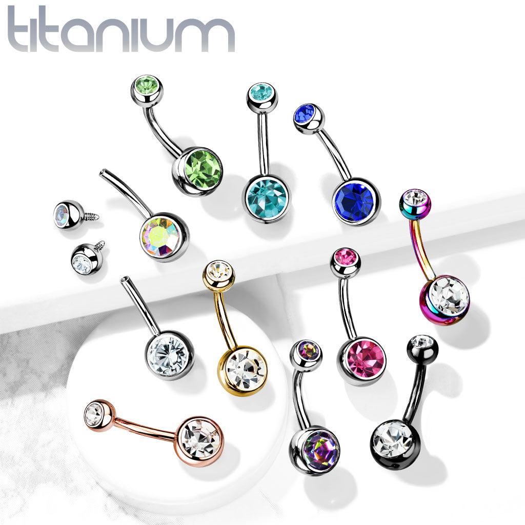 14GA Solid G23 Implant Grade 23 Titanium Internally Threaded Double Jeweled Navel Belly Ring