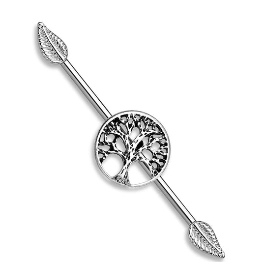 FIFTH CUE 14GA Burnish Silver Life Tree Centered 316L Surgical Steel Industrial Barbells with Leaf Ends