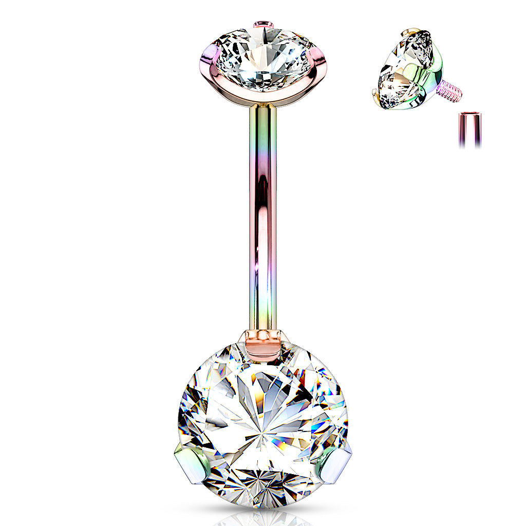 14GA Prong Set Titanium IP Over Internally Threaded 316L Surgical Steel Navel Belly Button Ring