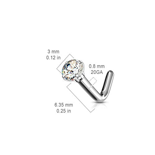 FIFTH CUE Solid Titanium L Bend Nose Stud with Prong Set Gem