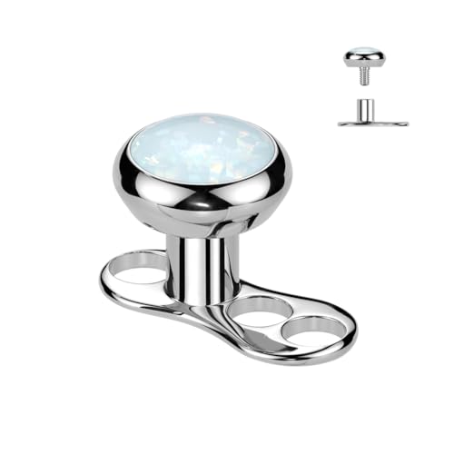 FIFTH CUE Solid Implant Grade Titanium Internally Threaded 3 Hole Dermal Anchor With 2mm Rise and Titanium Flat Round Bezel Set Opal Top