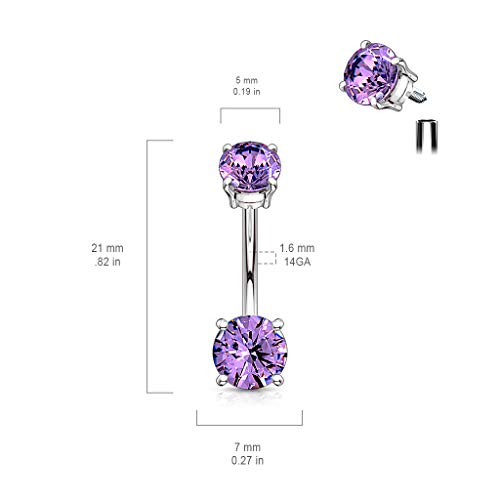 FIFTH CUE 14G Internally Threaded Top Double Prong Set CZ 316L Surgical Steel Belly Button Navel Rings