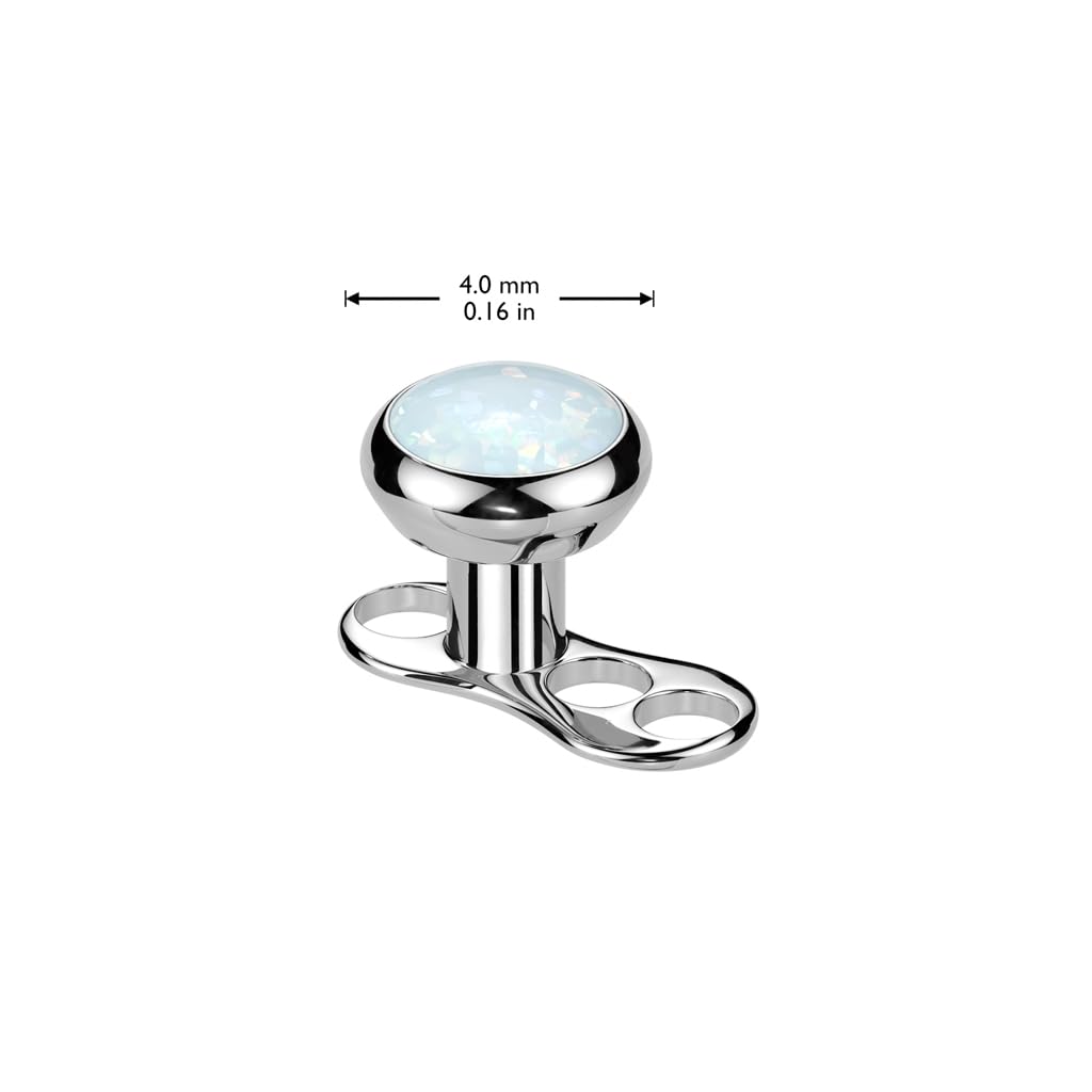 FIFTH CUE Solid Implant Grade Titanium Internally Threaded 3 Hole Dermal Anchor With 2mm Rise and Titanium Flat Round Bezel Set Opal Top