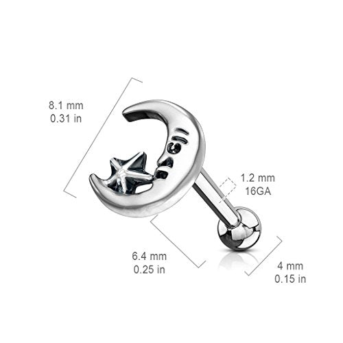FIFTH CUE 16G Moon & Star Antique Silver Plated Top 316L Surgical Steel Labret Monroe Cartilage Barbell Stud