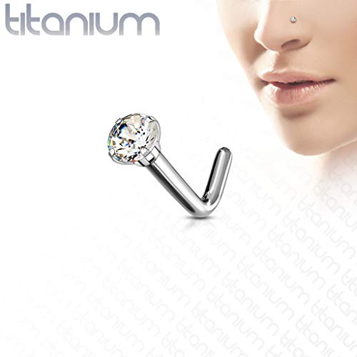 FIFTH CUE Solid Titanium L Bend Nose Stud with Prong Set Gem