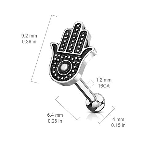 FIFTH CUE 16G Hamsa Antique Silver Plated Top 316L Surgical Steel Cartilage Tragus Basic Barbell Stud