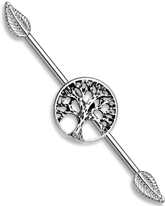 14G Burnish Silver Life Tree Centered 316L Surgical Steel Industrial Barbells with Leaf Ends (14GA)