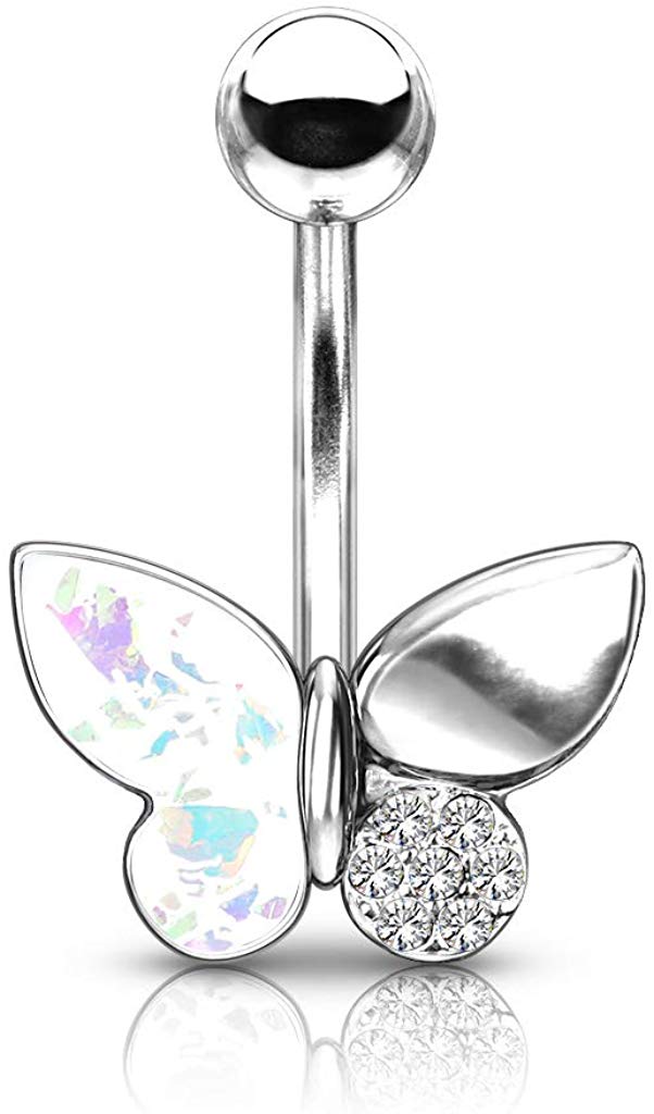 14G Butterfly with Opal Glitter Filled and Crystal Paved Wings 316L Surgical Steel Belly Button Navel Rings