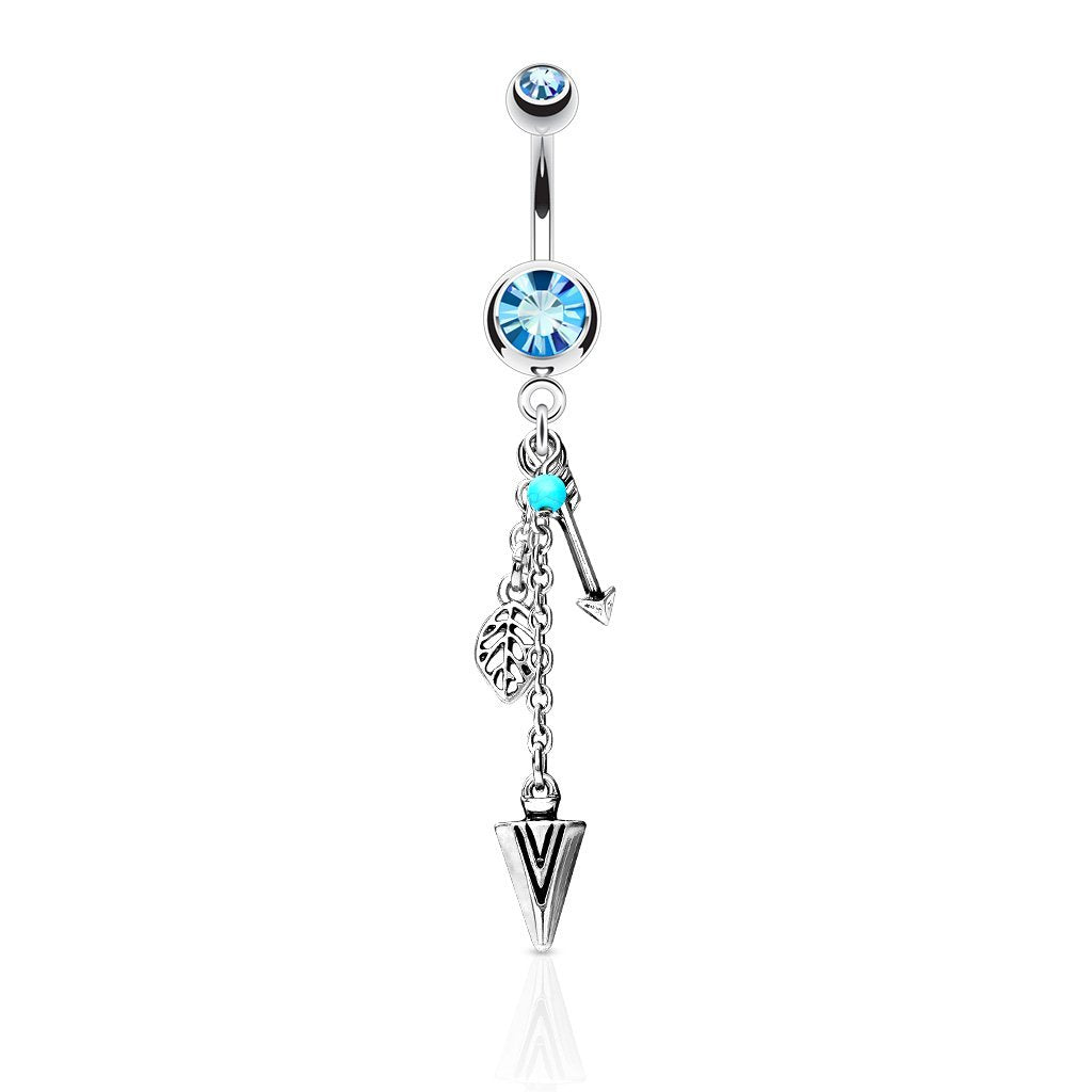 14G Turquoise & Tribal Feather & Arrows Dangle Double Jeweled 316L Surgical Steel Navel Belly Ring