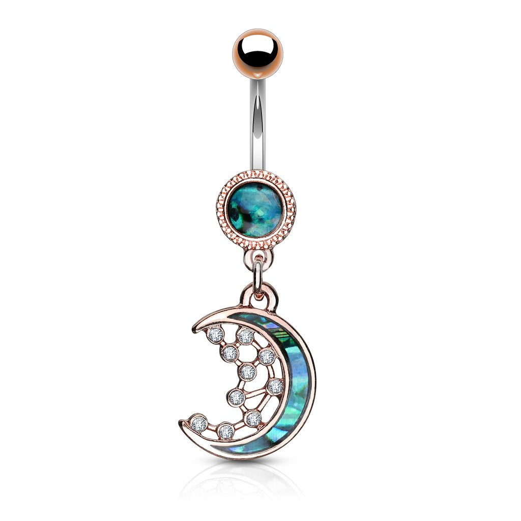 14GA Mother of Pearl Inlay Crescent Moon & CZ Star Dangle 316L Surgical Steel Navel Belly Button Ring