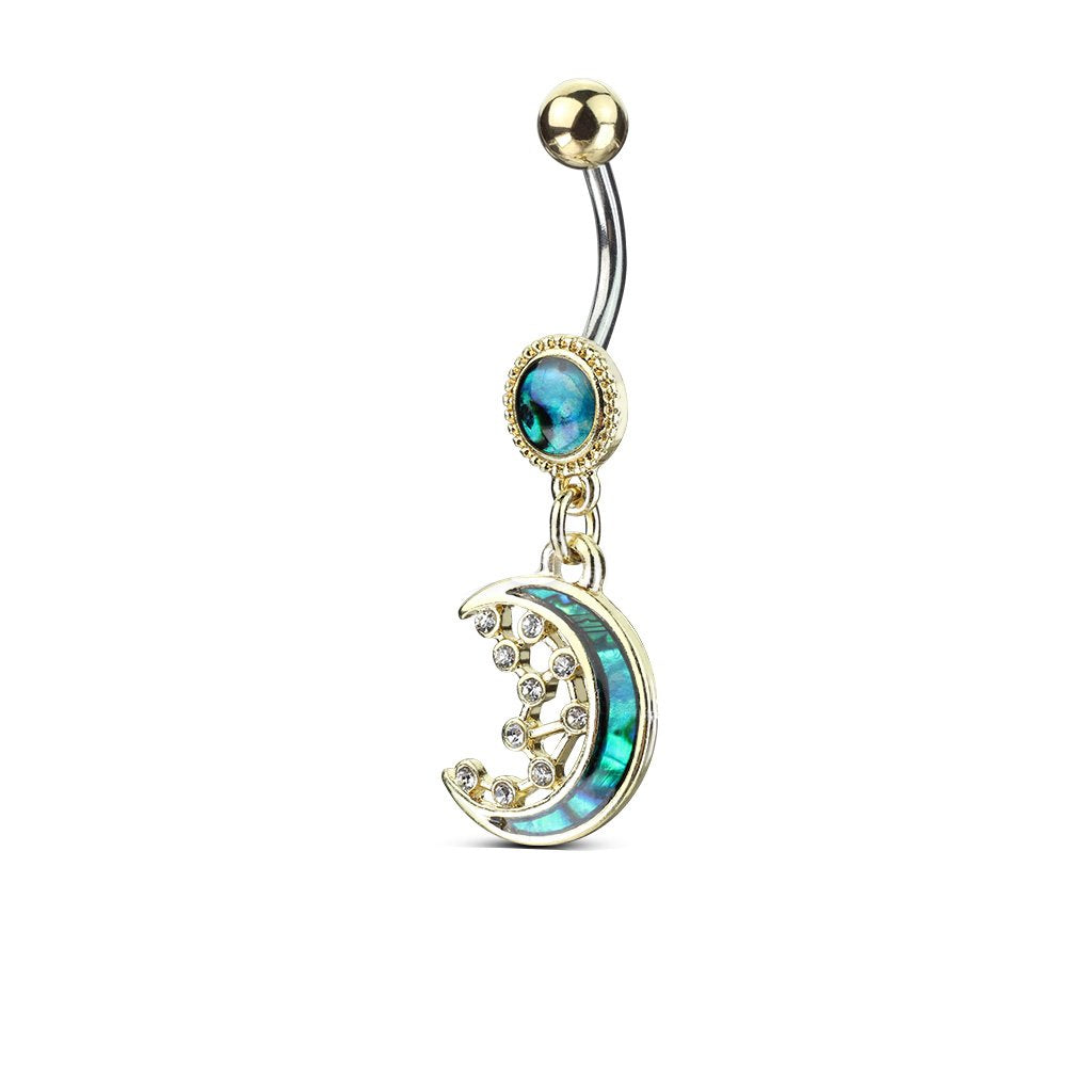 14GA Mother of Pearl Inlay Crescent Moon & CZ Star Dangle 316L Surgical Steel Navel Belly Button Ring