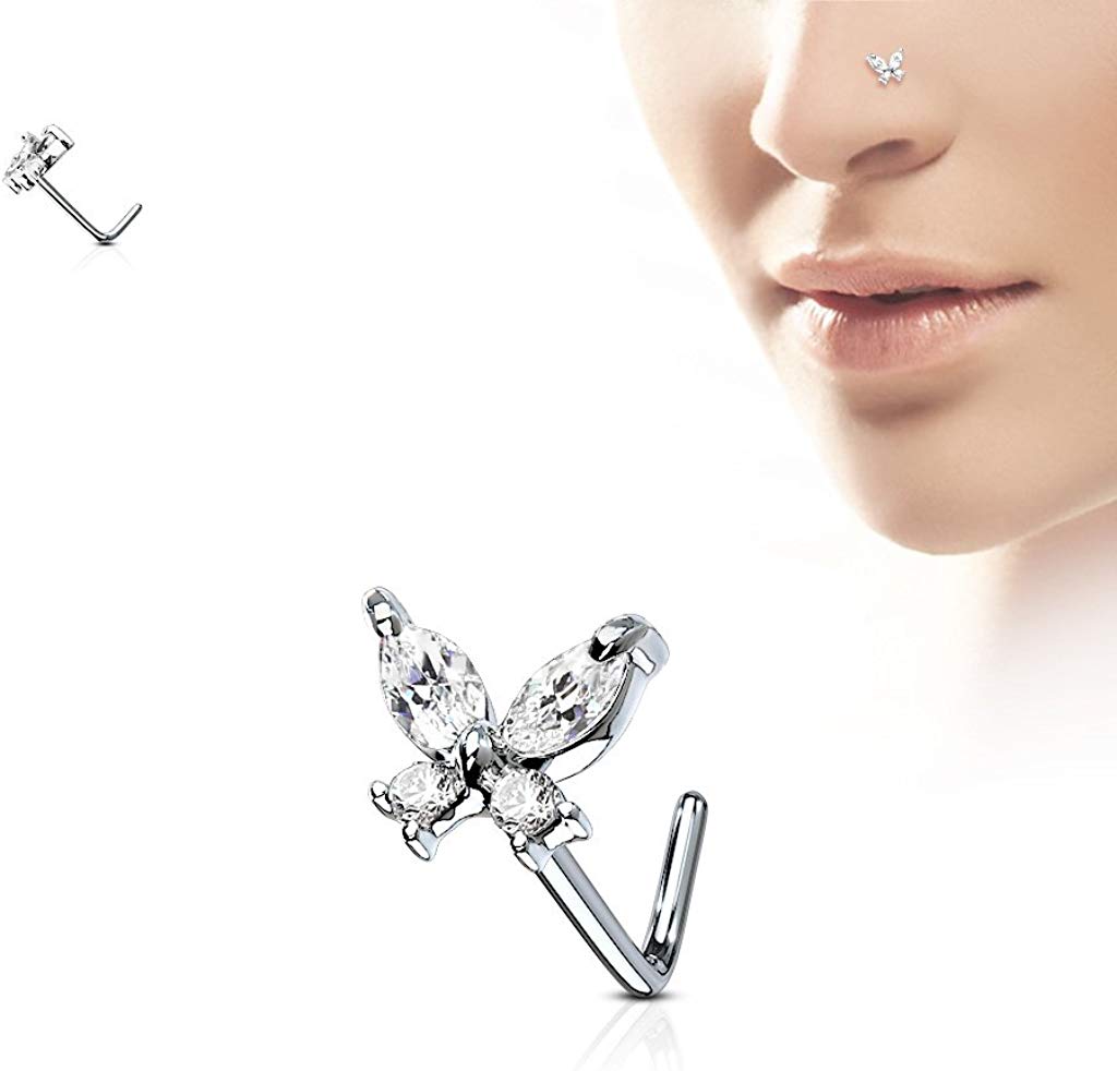 20GA CZ Butterfly 316L Surgical Steel L Bend Stud Nose Ring