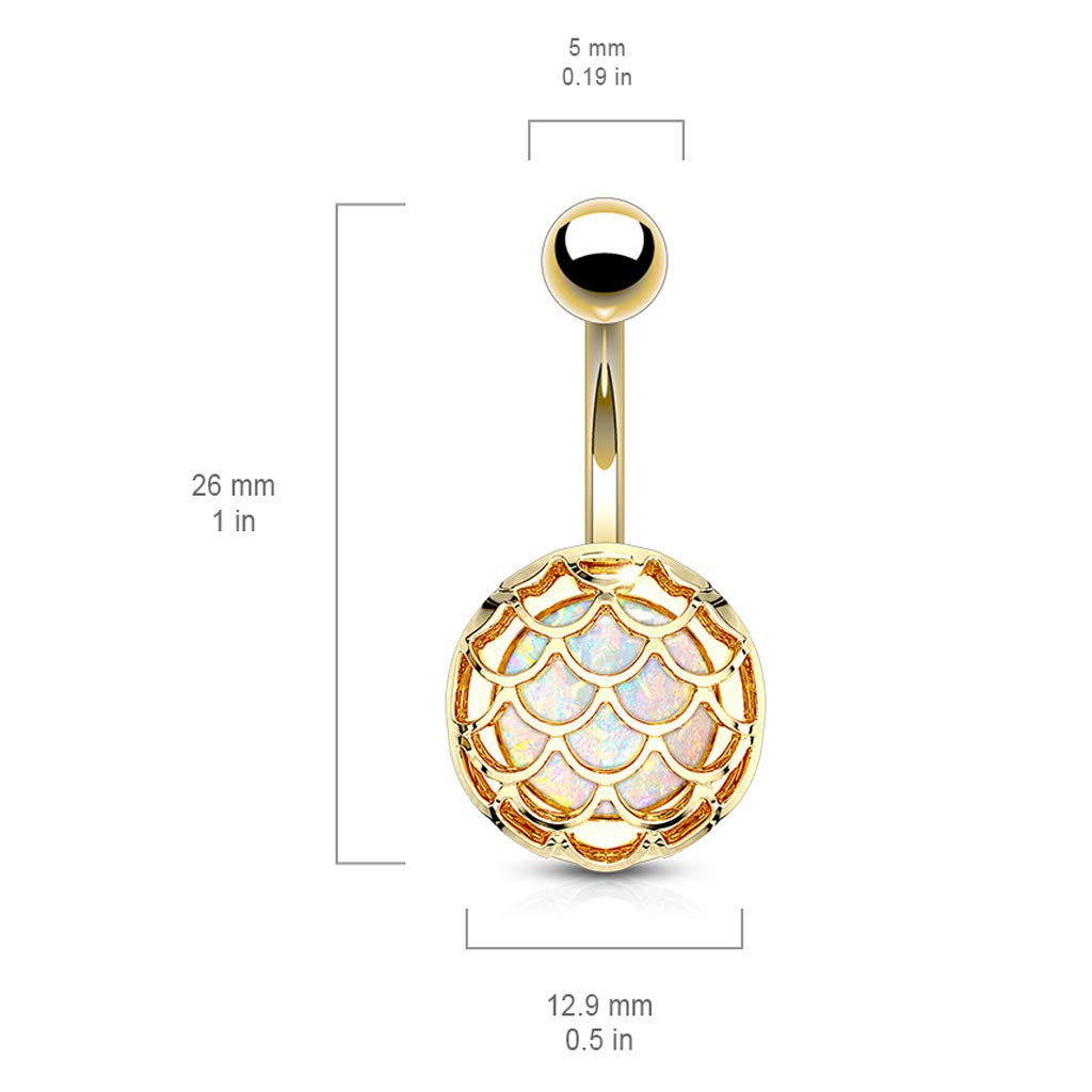 14G Synthetic Opal Glitter Incased Casted Fish Scale 316L Surgical Steel Naval Belly Button Ring