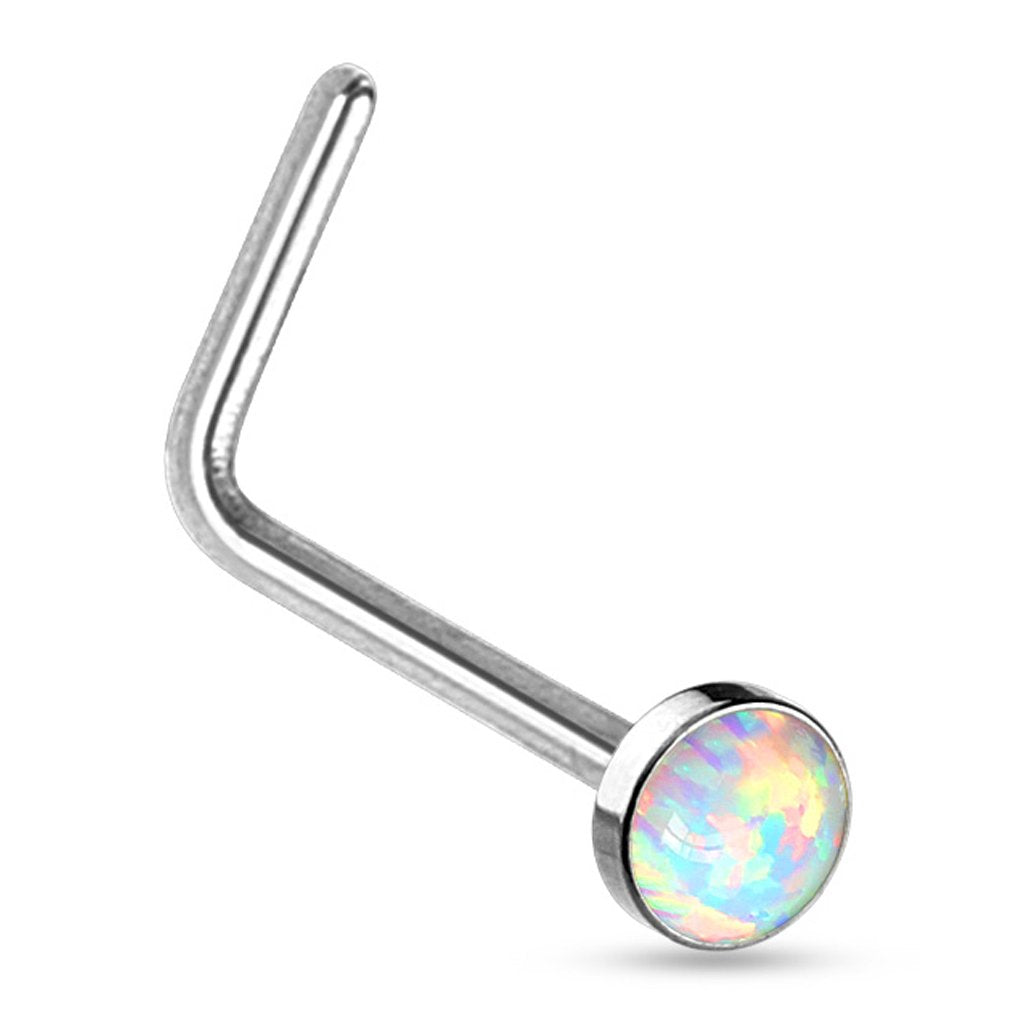 20GA Synthetic Opal Set Flat Top PVD Over 316L Surgical Steel L Bend Stud Nose Rings