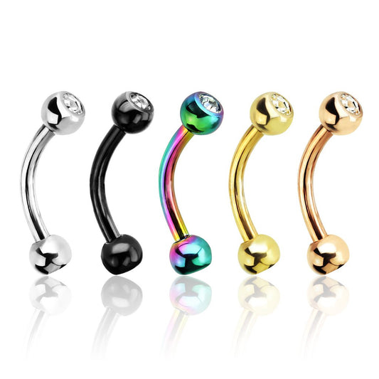 16G 5pc Press Fit Gemmed Balls Titanium IP Over 316L Surgical Steel Curved Barbell Eyebrow Ring Set