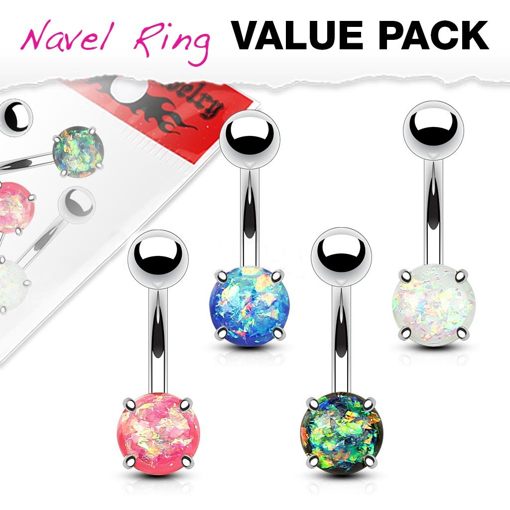 14GA 4pc Opal Glitter Prong Set 316L Surgical Steel Naval Belly Button Ring Value Set