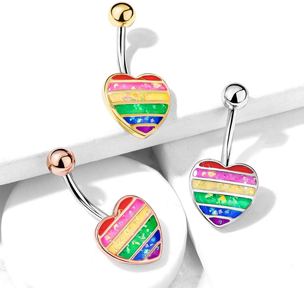 14G Rainbow Opal Glitter Filled Heart 316L Surgical Steel Belly Button Navel Rings