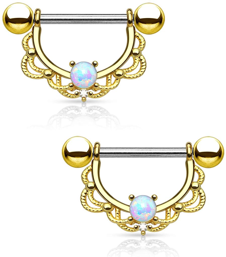 Opal Centered Filigree Drop 316L Surgical Steel Nipple Barbell Ring (14G | Gold)