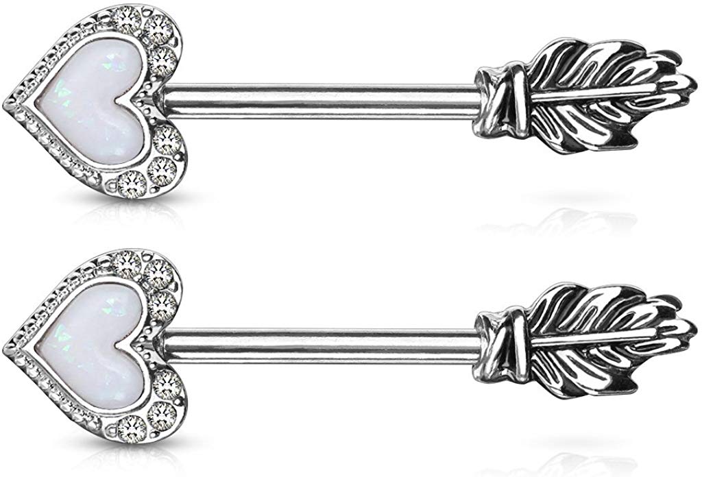 14G Synthetic Opal Glitter Heart CZ Paved Outline Feather End Arrow 316L Surgical Steel Nipple Barbell Ring