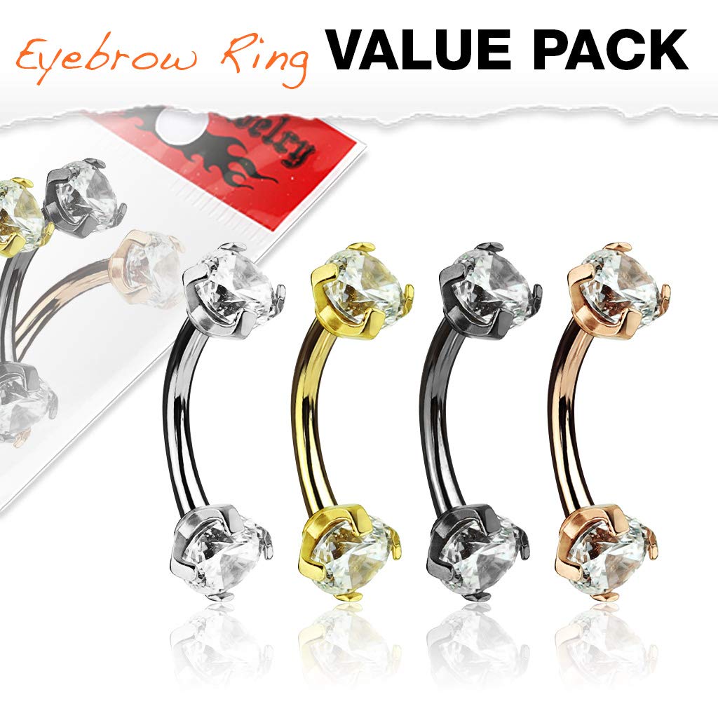 16GA 4pc Prong Set Clear CZ Internally Threaded 316L Surgical Steel Eyebrow Curved Barbell Ring Value Pack