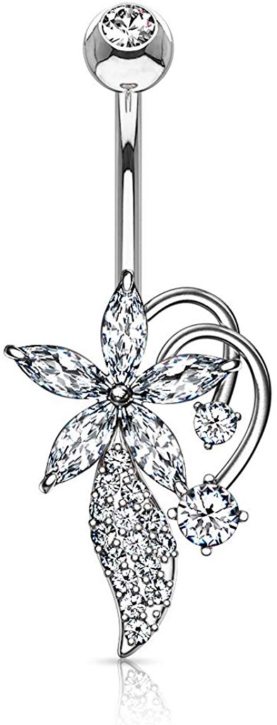 14G Five Marquise CZ Flower CZ Cluster Stem Bouquet 316L Surgical Steel Belly Button Navel Rings