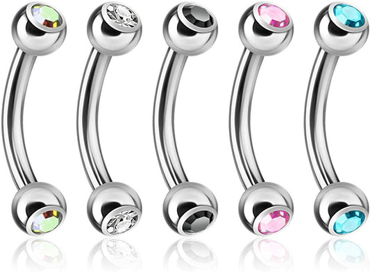 16G 5pc Press Fit Double Cubic Zirconia Curved Barbell Ring Set