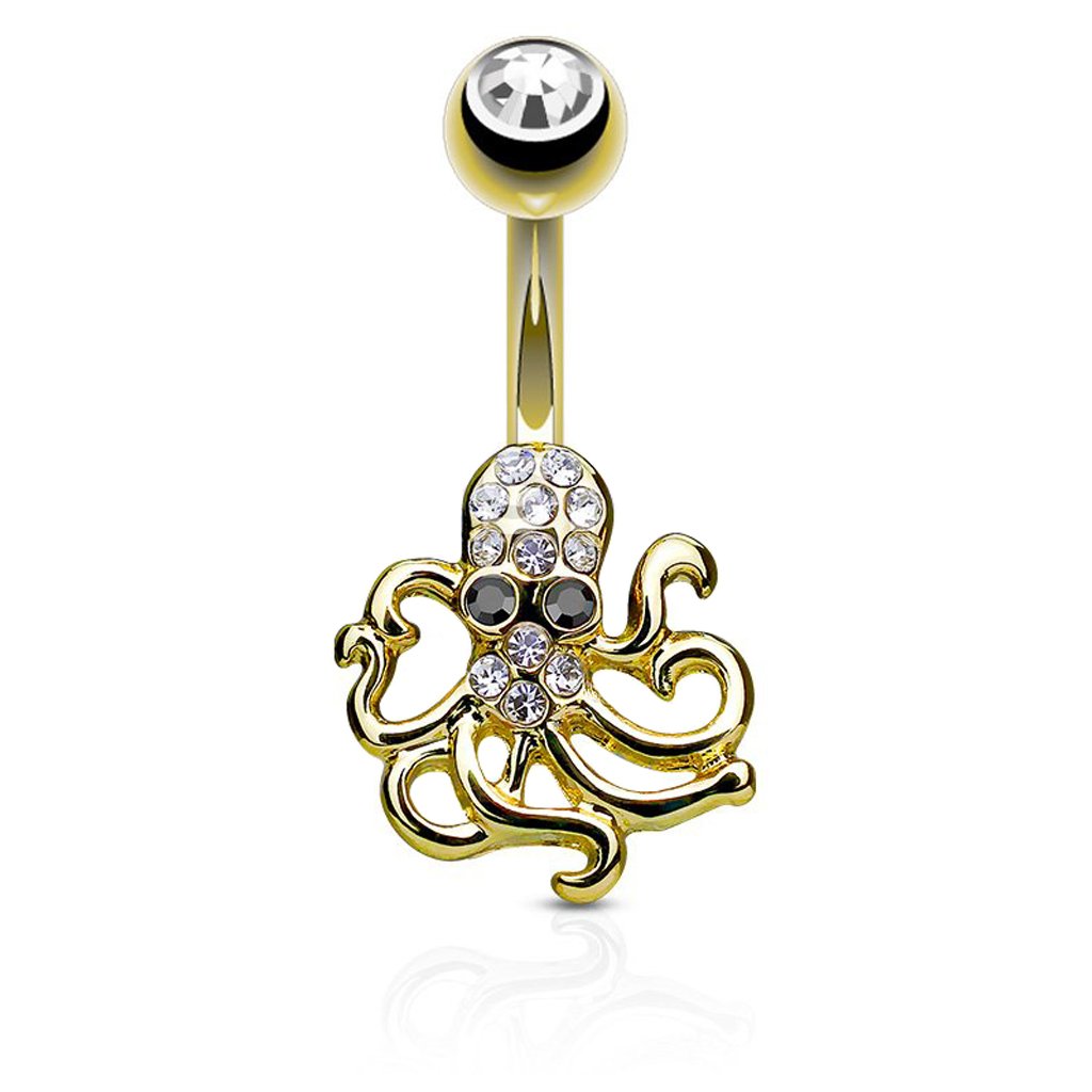 14GA Crystal Paved Octopus 316L Surgical Steel Naval Belly Button Ring