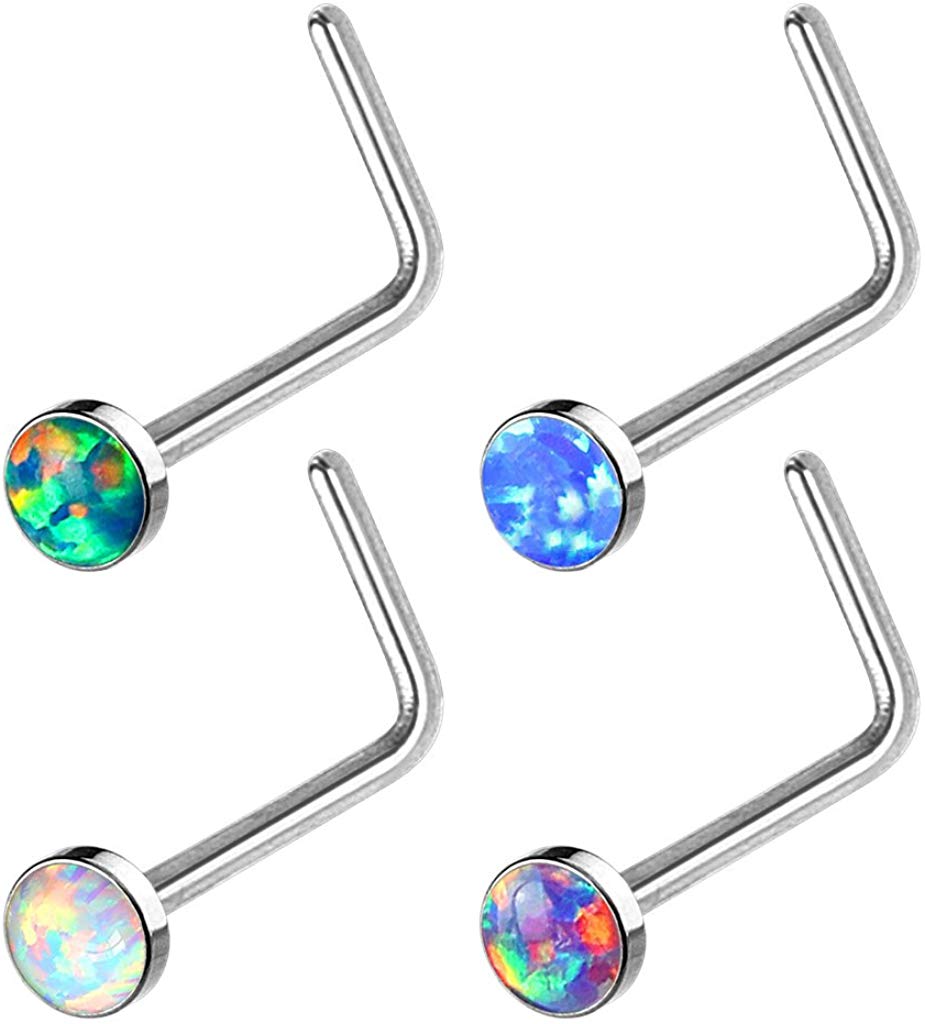 20GA Synthetic Opal Set Flat Top PVD Over 316L Surgical Steel L Bend Stud Nose Rings