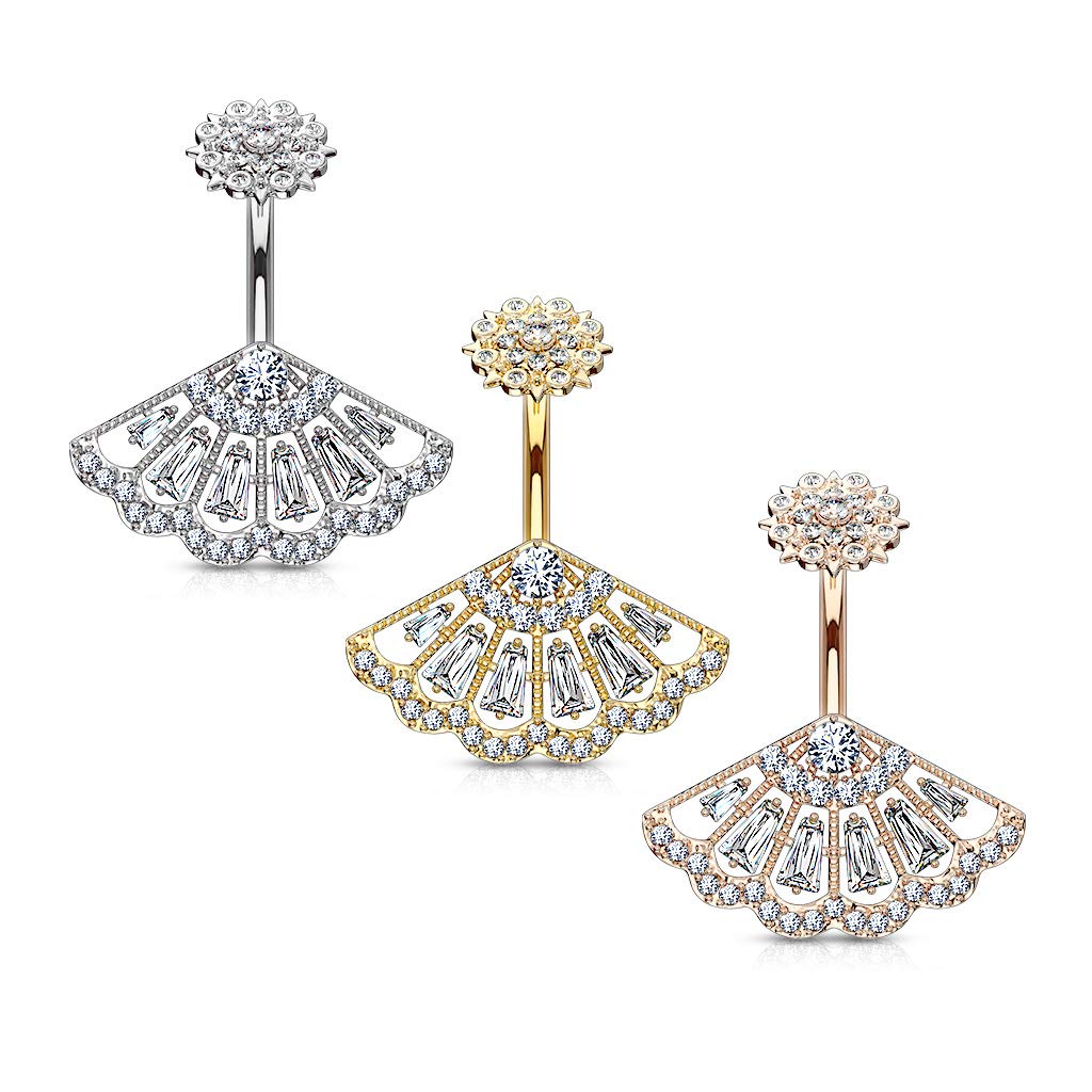 14G CZ Paved Vintage Fan with Internally Threaded CZ Paved Filigree Top 316L Surgical Steel Belly Button Rings