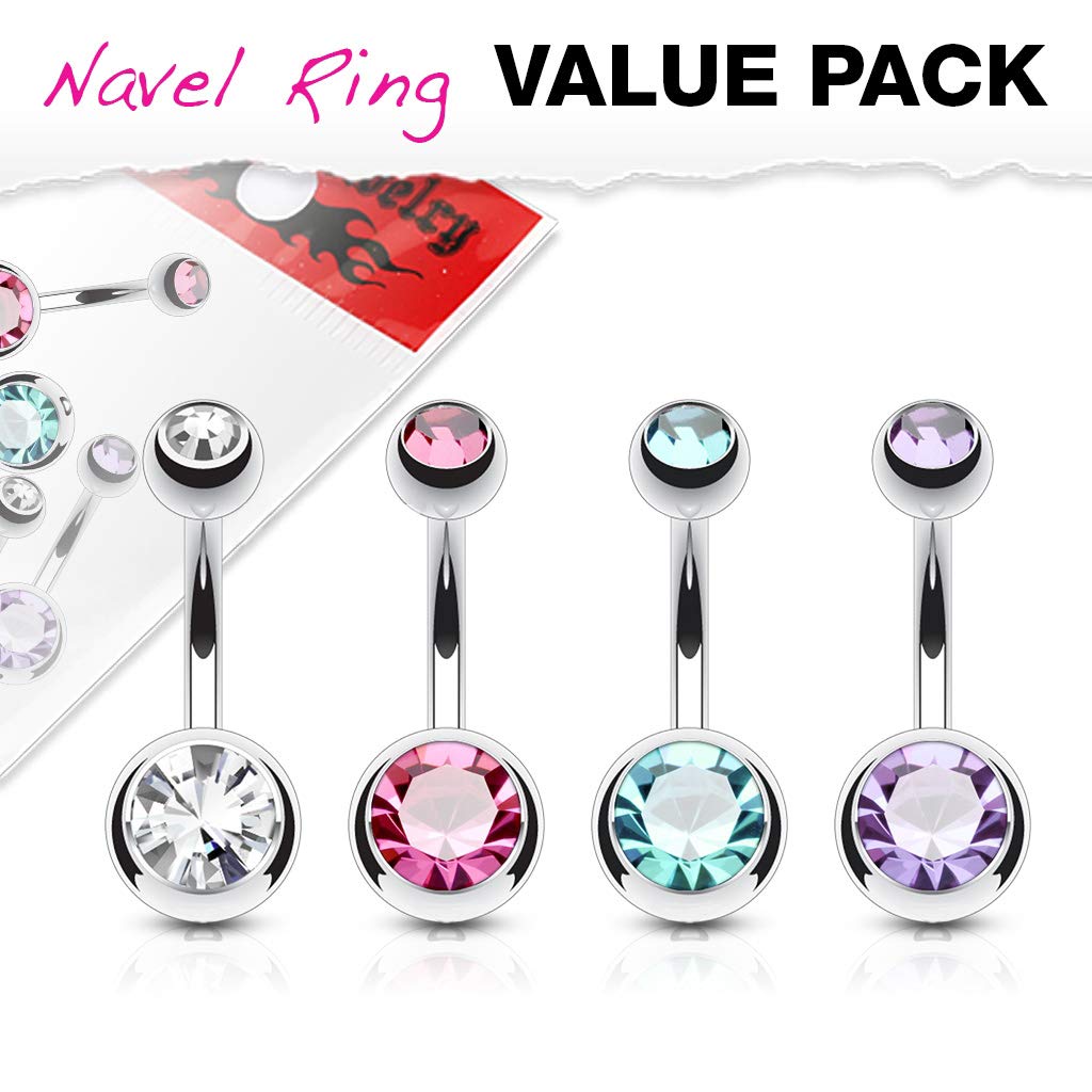 14GA 4pc Double Gem Ball Navel Ring Belly Button Ring Value Pack