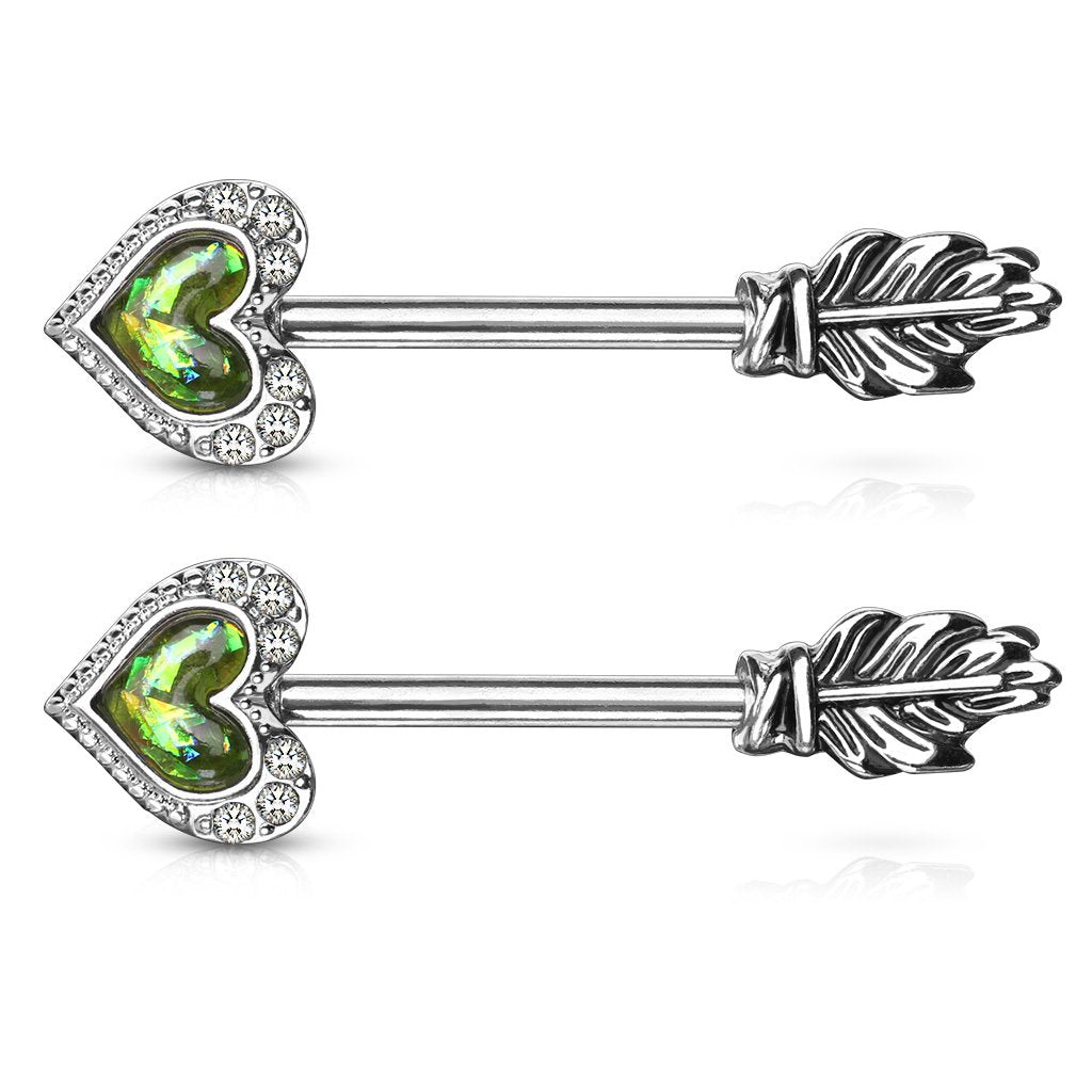 14G Synthetic Opal Glitter Heart CZ Paved Outline Feather End Arrow 316L Surgical Steel Nipple Barbell Ring