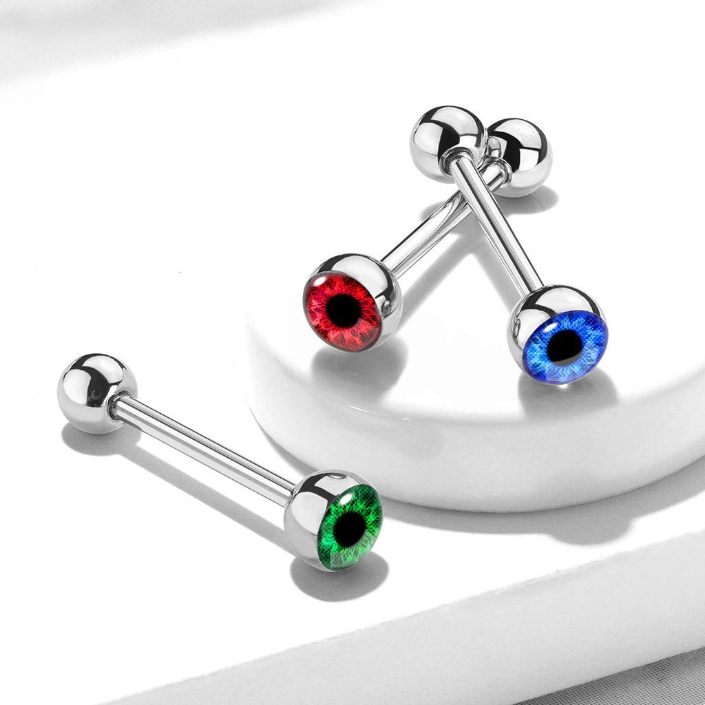 14GA Eyeball Inlaid 316L Surgical Steel Barbell Tongue Ring - Choose Color