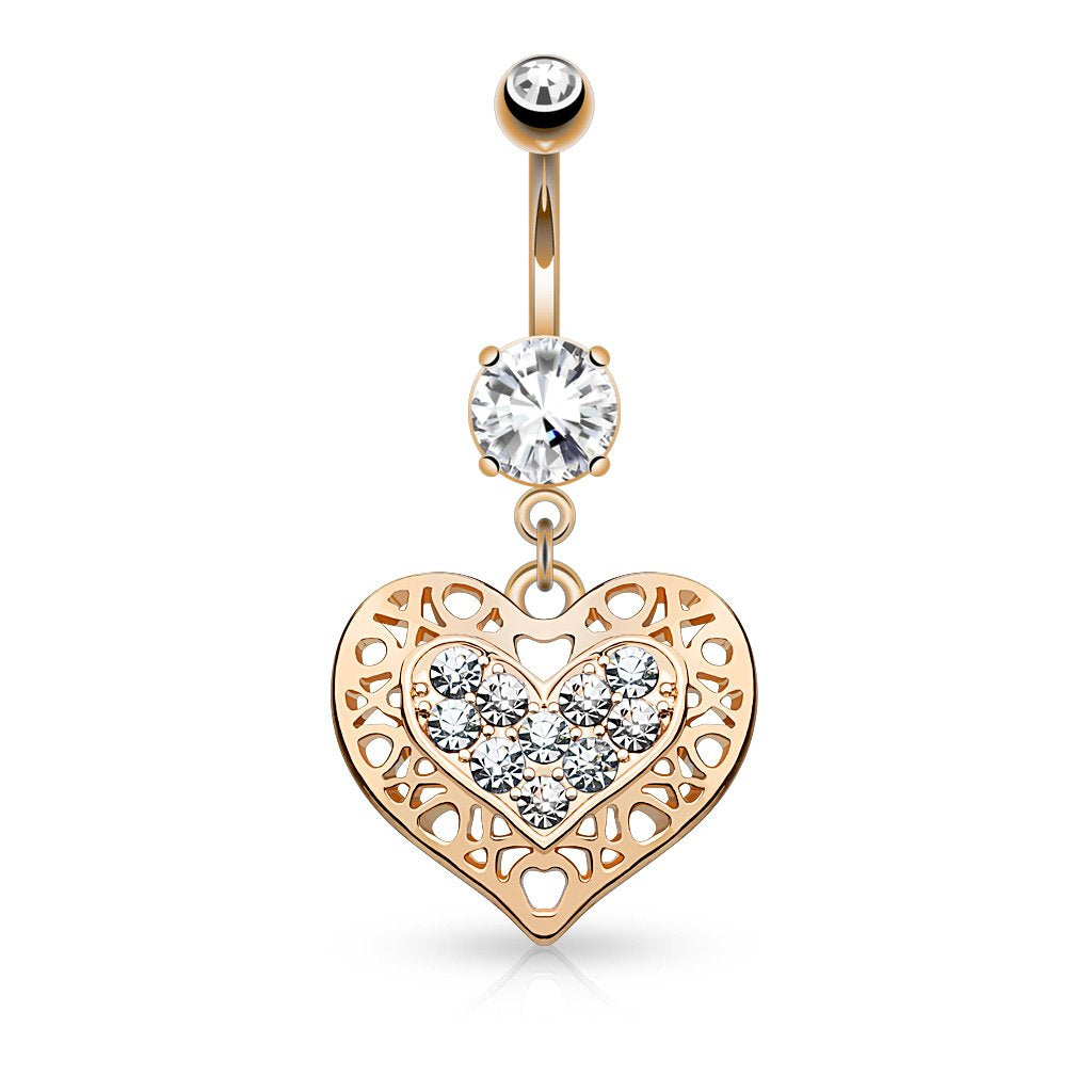 14G Tribal Heart Filigree Edged Crystal Paved Heart Dangle 316L Surgical Steel Belly Button Navel Rings