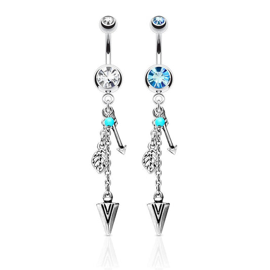 14G Turquoise & Tribal Feather & Arrows Dangle Double Jeweled 316L Surgical Steel Navel Belly Ring