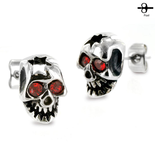 Fifth Cue Pair of 316L Surgical Surgical Cracked Skull Red Cubic Zirconia Eyes Stud Earring
