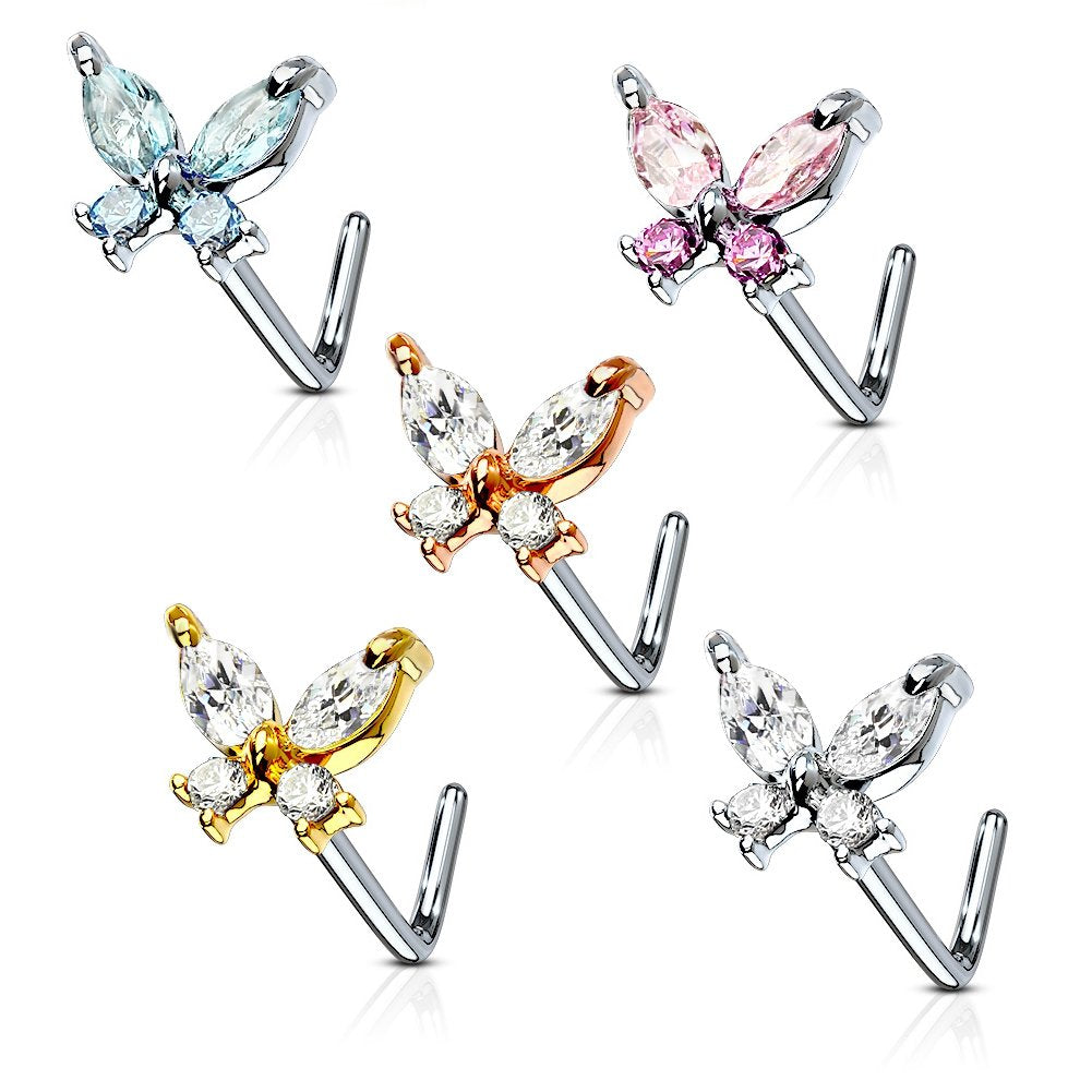 20GA CZ Butterfly 316L Surgical Steel L Bend Stud Nose Ring