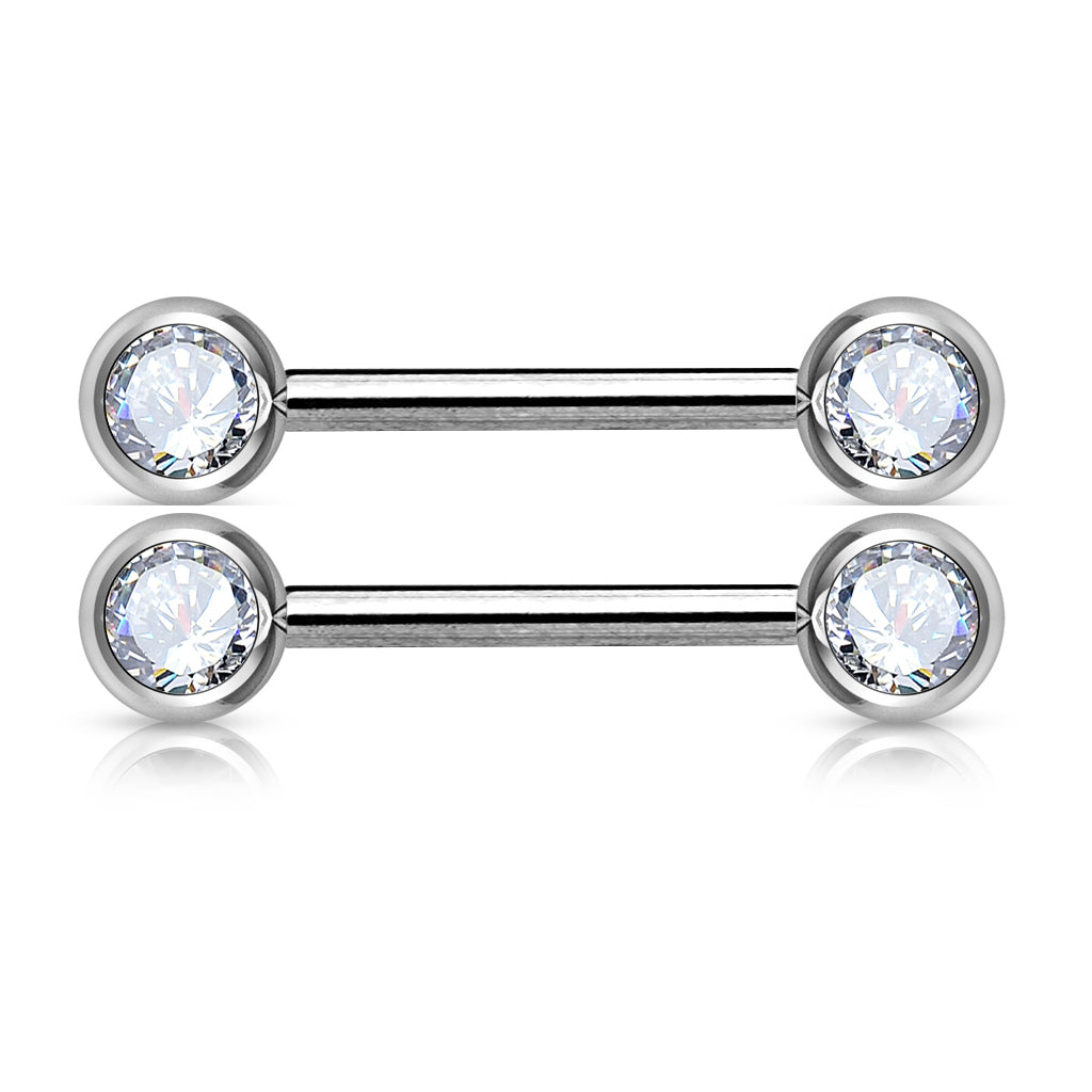 14GA Double Front Facing Gem 316L Surgical Steel Barbell - Nipple Bar (SOLD AS PAIR)
